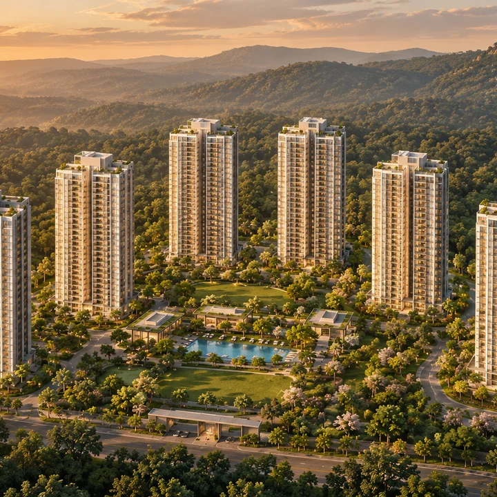 Prestige Bannerghatta Road six residential towers with forested hills behind, artist's impression Prestige Bannerghatta Road six residential towers with forested hills behind, artist's impression