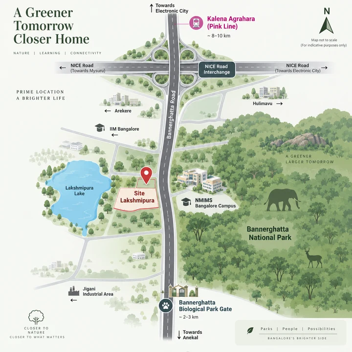 Prestige Bannerghatta Road location map at Lakshmipura with Bannerghatta National Park, the Biological Park and the NICE Road interchange Prestige Bannerghatta Road location map at Lakshmipura with Bannerghatta National Park, the Biological Park and the NICE Road interchange
