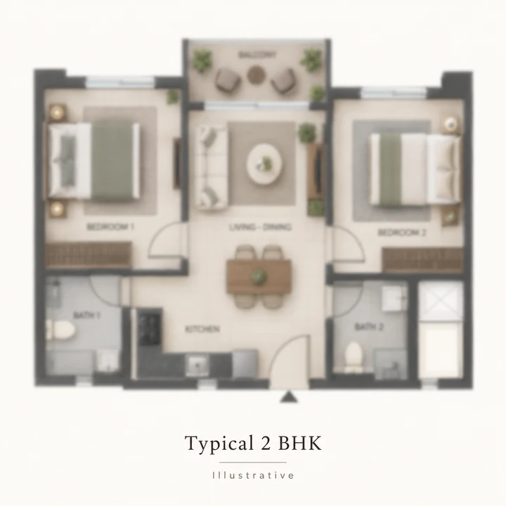 Illustrative 2 BHK apartment layout, not a Prestige Bannerghatta Road plan