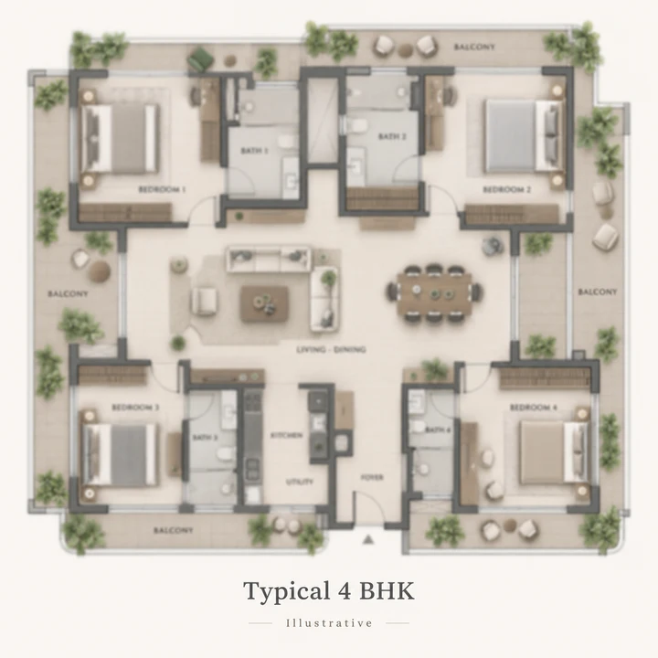 Illustrative 4 BHK apartment layout, not a Prestige Bannerghatta Road plan